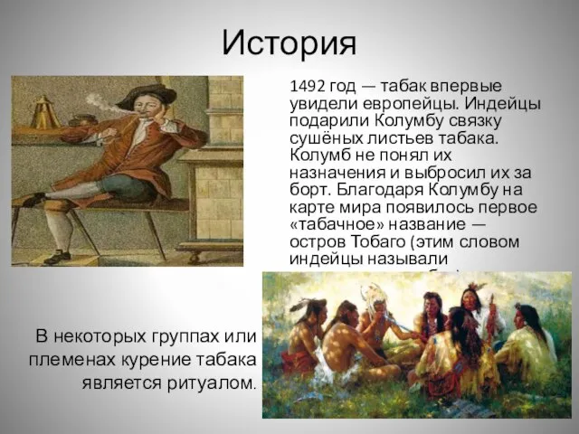 История 1492 год — табак впервые увидели европейцы. Индейцы подарили Колумбу связку