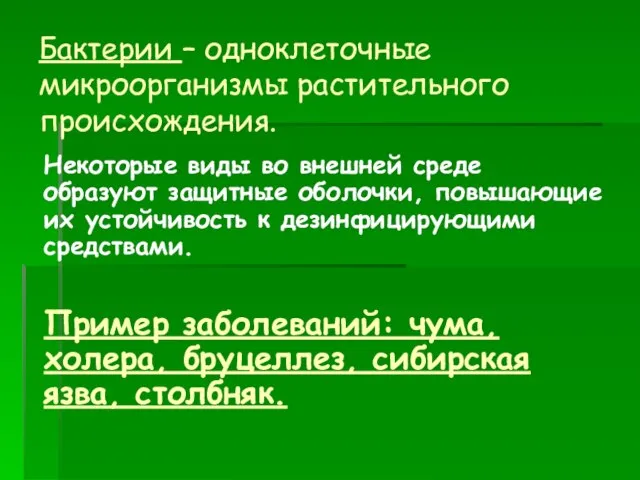 Бактерии – одноклеточные микроорганизмы растительного происхождения. Некоторые виды во внешней среде образуют