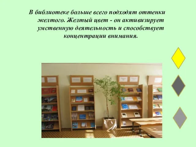 В библиотеке больше всего подходят оттенки желтого. Желтый цвет - он активизирует