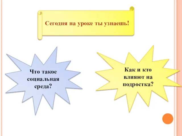 Сегодня на уроке ты узнаешь! Что такое социальная среда? Как и кто влияют на подростка?