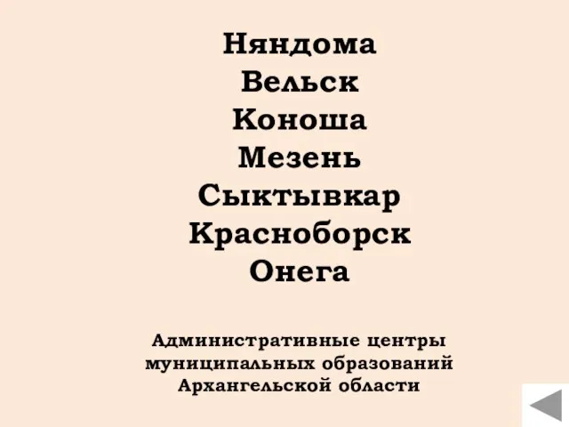 Няндома Вельск Коноша Мезень Сыктывкар Красноборск Онега Административные центры муниципальных образований Архангельской области