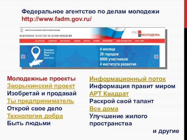 Федеральное агентство по делам молодежи http://www.fadm.gov.ru/ Молодежные проекты Зворыкинский проект Изобретай и