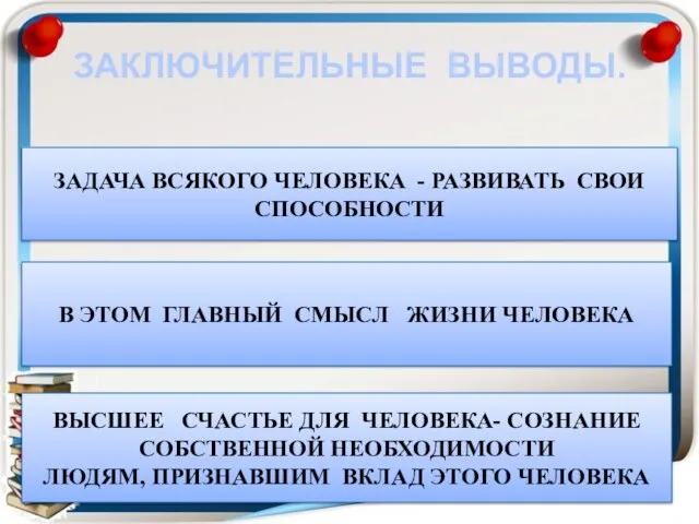 ЗАКЛЮЧИТЕЛЬНЫЕ ВЫВОДЫ. ЗАДАЧА ВСЯКОГО ЧЕЛОВЕКА - РАЗВИВАТЬ СВОИ СПОСОБНОСТИ В ЭТОМ ГЛАВНЫЙ