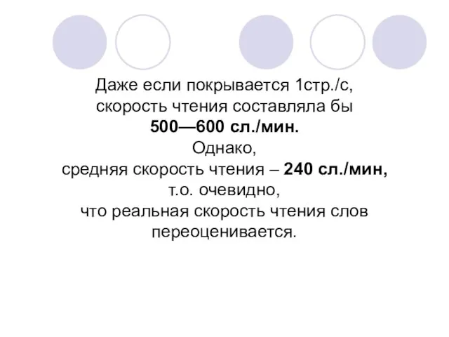 Даже если покрывается 1стр./с, скорость чтения составляла бы 500—600 сл./мин. Однако, средняя