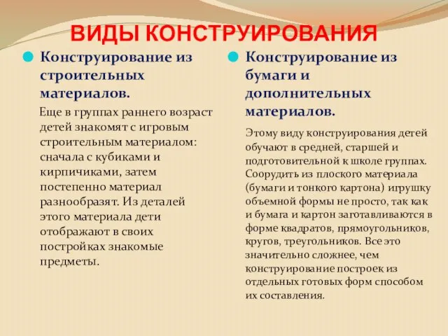 ВИДЫ КОНСТРУИРОВАНИЯ Конструирование из строительных материалов. Еще в группах раннего возраст детей