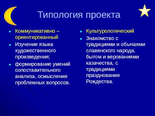 Типология проекта Коммуникативно – ориентированный Изучение языка художественного произведения; формирование умений сопоставительного