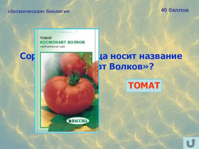 «Космическая» биология 40 баллов Сорт какого овоща носит название «Космонавт Волков»? ТОМАТ