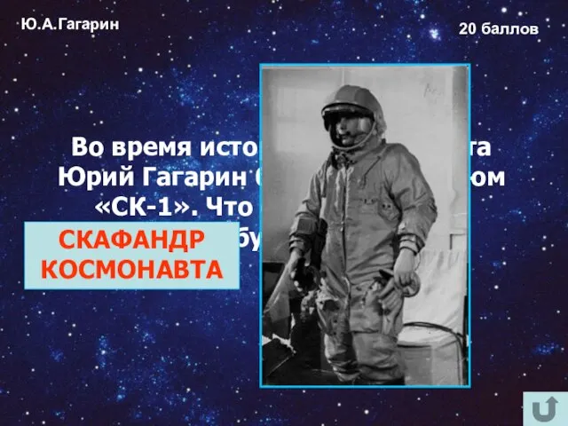 Ю.А.Гагарин 20 баллов Во время исторического полёта Юрий Гагарин был одет в