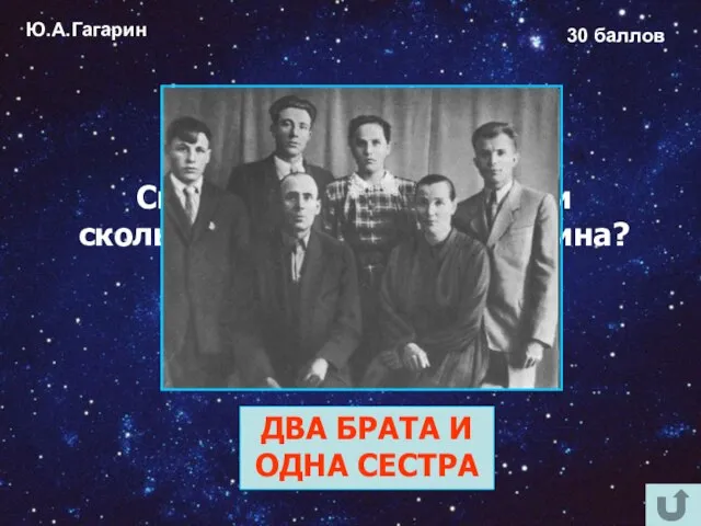 Ю.А.Гагарин 30 баллов Сколько родных братьев и сколько сёстер у Юрия Гагарина?