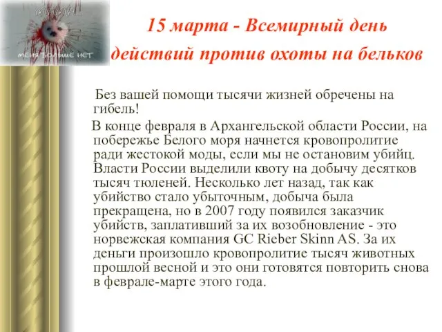 15 марта - Всемирный день действий против охоты на бельков Без вашей