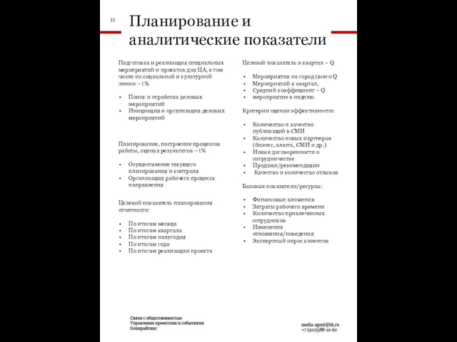 Планирование и аналитические показатели Подготовка и реализация специальных мероприятий и проектов для