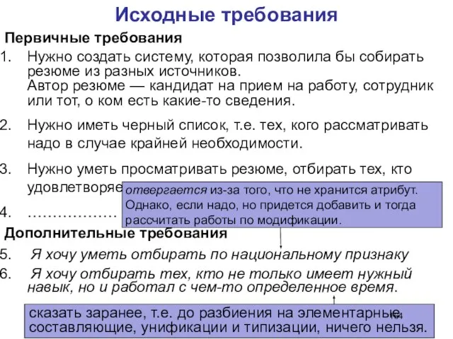 Исходные требования Нужно создать систему, которая позволила бы собирать резюме из разных