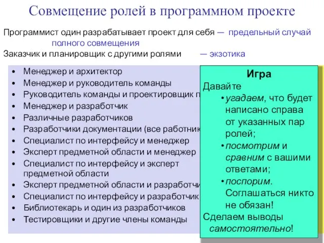 Совмещение ролей в программном проекте Менеджер и архитектор Менеджер и руководитель команды