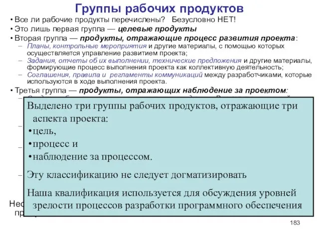 Группы рабочих продуктов Все ли рабочие продукты перечислены? Безусловно НЕТ! Это лишь