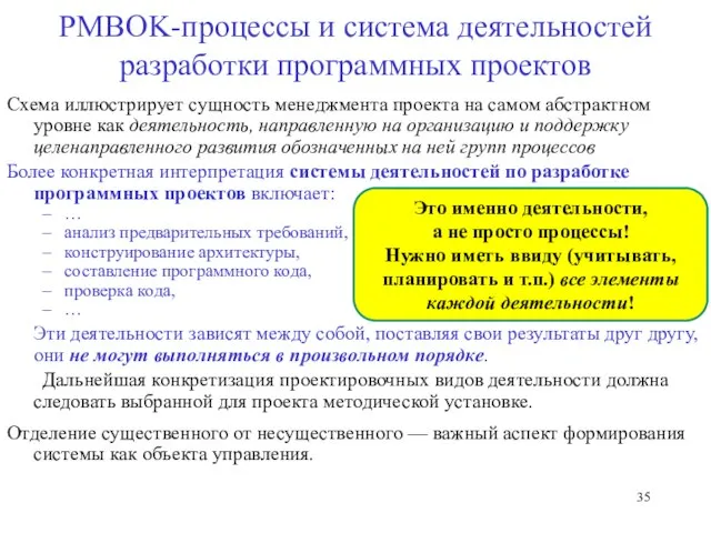 PMBOK-процессы и система деятельностей разработки программных проектов Схема иллюстрирует сущность менеджмента проекта