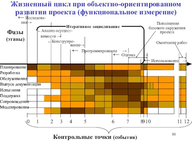 Жизненный цикл при объектно-ориентированном развитии проекта (функциональное измерение) Планирование Разработка Обслуживание Выпуск