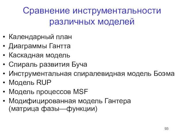 Сравнение инструментальности различных моделей Календарный план Диаграммы Гантта Каскадная модель Спираль развития