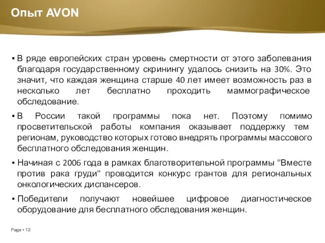 Опыт AVON В ряде европейских стран уровень смертности от этого заболевания благодаря