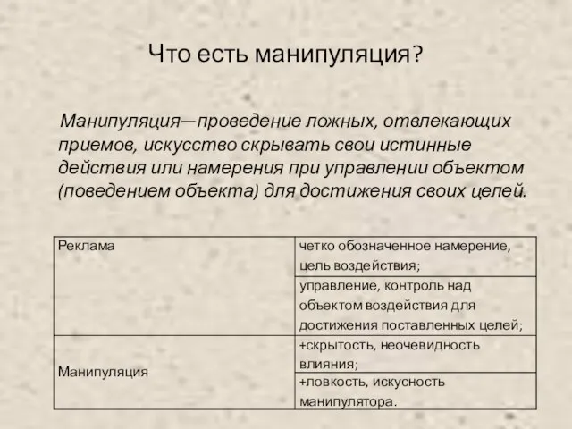 Что есть манипуляция? Манипуляция—проведение ложных, отвлекающих приемов, искусство скрывать свои истинные действия