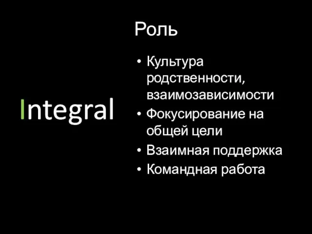 Роль Integral Культура родственности, взаимозависимости Фокусирование на общей цели Взаимная поддержка Командная работа