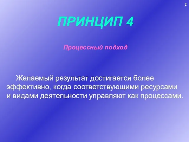 ПРИНЦИП 4 Процессный подход Желаемый результат достигается более эффективно, когда соответствующими ресурсами