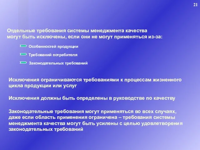 Отдельные требования системы менеджмента качества могут быть исключены, если они не могут