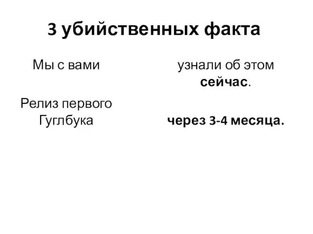 3 убийственных факта Мы с вами Релиз первого Гуглбука узнали об этом сейчас. через 3-4 месяца.