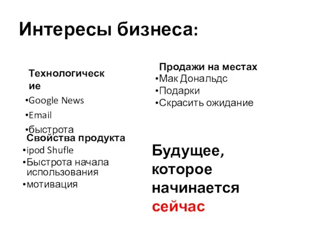 Интересы бизнеса: Свойства продукта ipod Shufle Быстрота начала использования мотивация Технологические Google