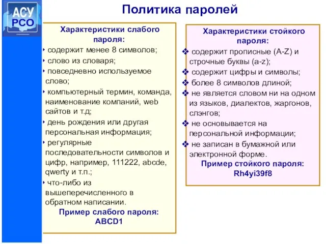 Политика паролей Характеристики слабого пароля: содержит менее 8 символов; слово из словаря;