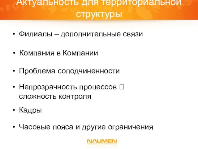 Актуальность для территориальной структуры Проблема соподчиненности Непрозрачность процессов ? сложность контроля Кадры