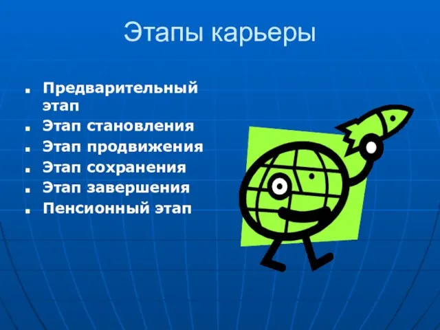 Этапы карьеры Предварительный этап Этап становления Этап продвижения Этап сохранения Этап завершения Пенсионный этап