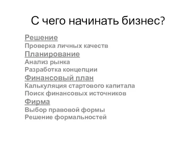 С чего начинать бизнес? Решение Проверка личных качеств Планирование Анализ рынка Разработка