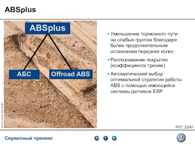 Service Training VSQ, 06.2007 ABSplus Уменьшение тормозного пути на слабых грунтах благодаря