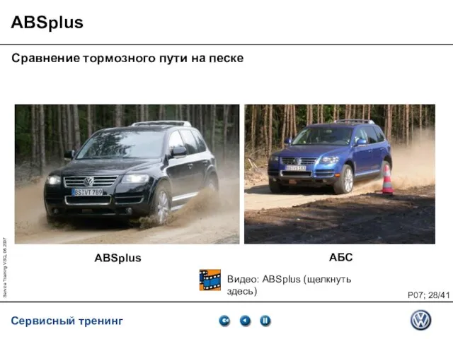 Service Training VSQ, 06.2007 ABSplus Сравнение тормозного пути на песке ABSplus АБС Видео: ABSplus (щелкнуть здесь)