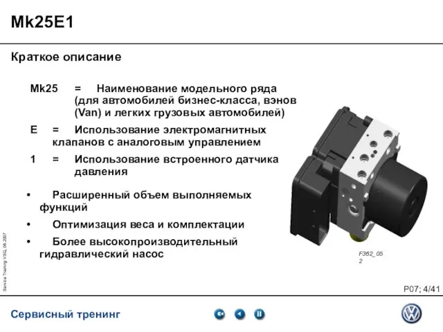 Service Training VSQ, 06.2007 Mk25E1 Краткое описание Mk25 = Наименование модельного ряда