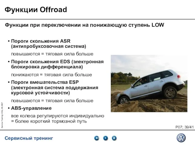 Service Training VSQ, 06.2007 Функции Offroad Функции при переключении на понижающую ступень