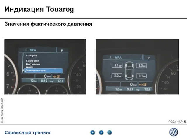 Service Training VSQ, 06.2007 Индикация Touareg Значения фактического давления