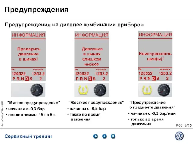 Service Training VSQ, 06.2007 Предупреждения Предупреждения на дисплее комбинации приборов "Мягкое предупреждение"