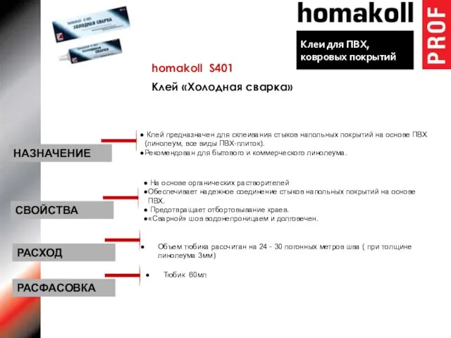 homakoll S401 Клей «Холодная сварка» Клей предназначен для склеивания стыков напольных покрытий