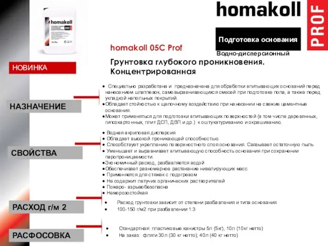 Подготовка основания homakoll 05С Prof Грунтовка глубокого проникновения. Концентрированная Специально разработана и