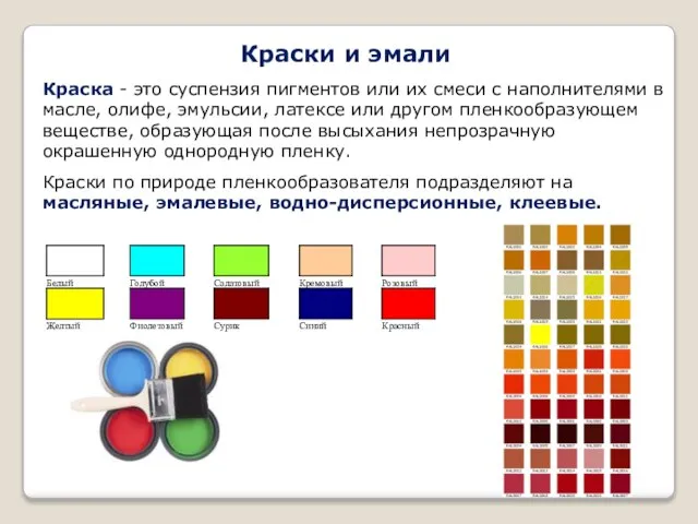 Краски и эмали Краска - это суспензия пигментов или их смеси с