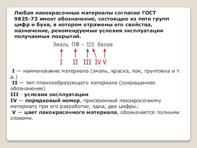 Любая лакокрасочные материалы согласно ГОСТ 9825-73 имеет обозначение, состоящее из пяти групп