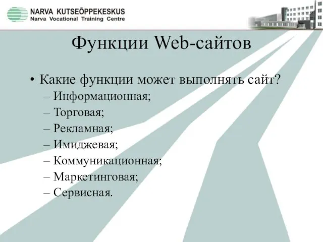 Функции Web-сайтов Какие функции может выполнять сайт? Информационная; Торговая; Рекламная; Имиджевая; Коммуникационная; Маркетинговая; Сервисная.