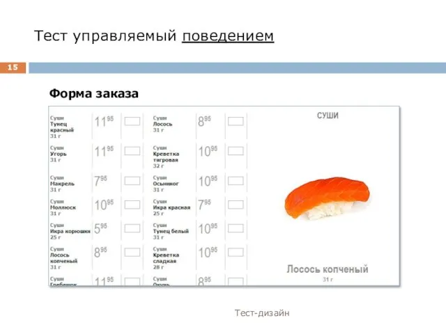 Тест управляемый поведением Тест-дизайн Форма заказа