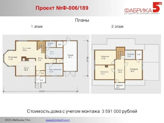 ООО «Фабрика 5Ти» www.fabrika5ti.com Проект №Ф-006/189 Планы 1 этаж 2 этаж Стоимость