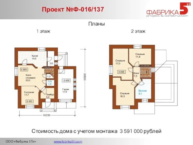 ООО «Фабрика 5Ти» www.fabrika5ti.com Проект №Ф-016/137 Планы 1 этаж 2 этаж Стоимость