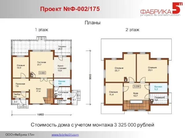 ООО «Фабрика 5Ти» www.fabrika5ti.com Проект №Ф-002/175 Планы 1 этаж 2 этаж Стоимость