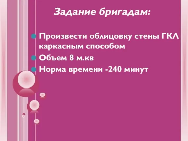 Задание бригадам: Произвести облицовку стены ГКЛ каркасным способом Объем 8 м.кв Норма времени -240 минут