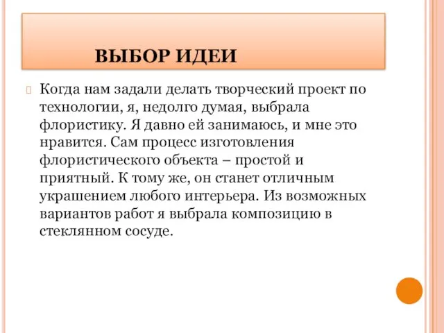 ВЫБОР ИДЕИ Когда нам задали делать творческий проект по технологии, я, недолго