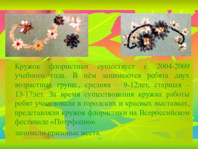 Кружок флористики существует с 2004-2009 учебного года. В нём занимаются ребята двух